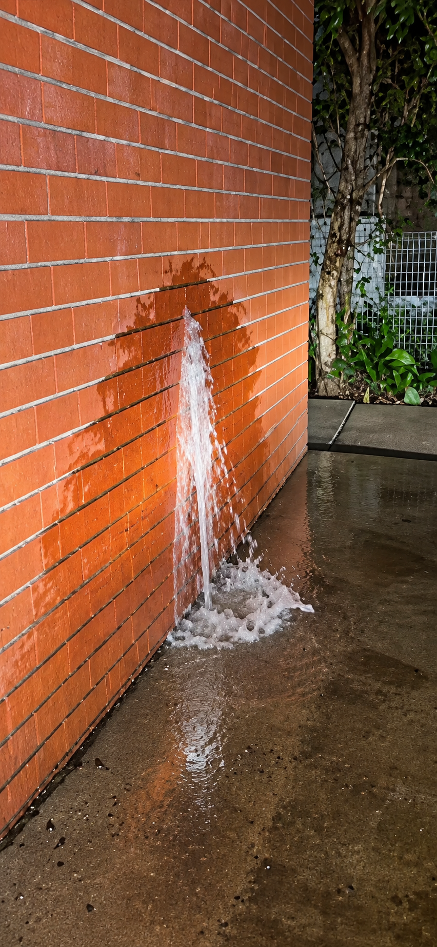 Water bursting from a leaking pipe against a red brick wall at night